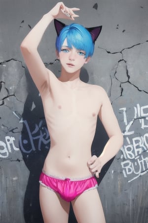 ((masterpiece)), best quality, animal ears, blue eyes,colored sclera, black hair, cat ears, multicolored hair, freckles,1boys,  two-tone hair, blue hair, male focus, lips, short hair, black sclera, topless, gay_sex, full_body, uncensored, male_only, cute twink boy standing in the  ‎berlin wall wearing pink panties and stockings, boy with small dick in the panties, small penis bulge, feminine body, feminine boy, submissive, taking selfie, body with small dick,  boy with wide hips, big ass, perfection model, perfect body, perfect cock, complex_background, detailed face, detailed hands,High detailed, realhands, dark night, night_sky, in front of the berlin wall,berlin wall art, halter_top,East Side Gallery 