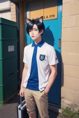 1boy and1man,masterpiece, best quality, animal ears, blue eyes,colored sclera, black hair, cat ears, multicolored hair, freckles, two-tone hair, blue hair, male focus, lips, short hair, black sclera, wearing white polo shirt, khaki pants, suitcase,school log on shirt, dark alley, dumpster,door, entering building