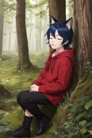 masterpiece, best quality, solo, animal ears, blue eyes,colored sclera, black hair, cat ears, multicolored hair, freckles,1boy, two-tone hair, blue hair, male focus, lips, short hair, black sclera,dressed like little red ridding hood,  in forest, short red skirt, sitting on rock, , wild_mushroom, a sleep on ground, eyes closed
