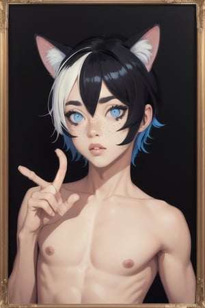 masterpiece,  solo, animal ears, blue eyes,colored sclera, black hair, cat ears, multicolored hair, freckles,1boy,  two-tone hair, blue hair, male focus, lips, short hair, black sclera, topless, gay_sex, full_body, uncensored, male_only, Oil Painting, painting in gold frame, nude,(margaret keane art), big eyes art, huge eyes,