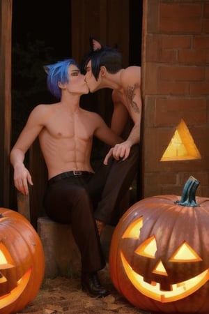 (halloween:1.3)masterpiece, best quality,3boys, animal ears, blue eyes,colored sclera, black hair, cat ears, multicolored hair, freckles, two-tone hair, blue hair, male focus, lips, short hair, black sclera, gay_sex, full_body, uncensored, male_only, jack-o-lantern, pumpkin,nude,sexy, costume, bobbing for apples game, sexy costume, sex with pumpkin, lewd,topless, crowd, nude, circumcised_penis, gay_sex, kissing boy, prositute, male breast, public_indecency,glory_hole,sex toys, on knees,2boys ,gay sex, midnight, pumpkin patch, zombie makeup,ass_sex, male body, male breast 