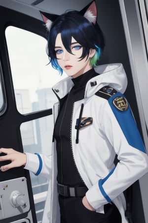 masterpiece, best quality, solo, animal ears, blue eyes,colored sclera, black hair, cat ears, multicolored hair, freckles,1boy,  two-tone hair, blue hair, male focus, lips, short hair, black sclera, full_body, uncensored, male_only, USSE Starfleet Engineer uniform, white uniform,on space ship bridge,