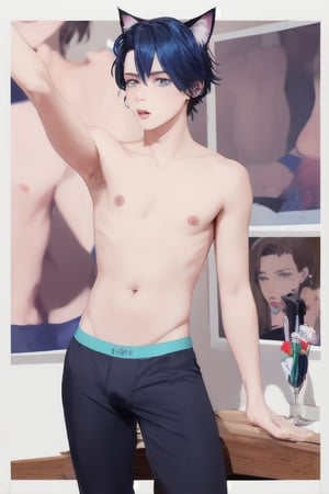 ((masterpiece)), best quality, animal ears, blue eyes,colored sclera, black hair, cat ears, multicolored hair, freckles,1boys,  two-tone hair, blue hair, male focus, lips, short hair, black sclera, topless, gay_sex, full_body, uncensored, male_only, cute twink boy standing in the frat party wearing pink panties and stockings, boy with small dick in the panties, small penis bulge, feminine body, feminine boy, submissive, taking selfie, body with small dick,  boy with wide hips, big ass, perfection model, perfect body, perfect cock, complex_background, detailed face, detailed hands,High detailed, realhands, kissing,holding_cellphone,nude,   (many onlookers looking at boy), detailed face, detailed legs, poster of rosie kawaii 