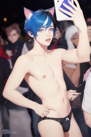 ((masterpiece)), best quality, animal ears, blue eyes,colored sclera, black hair, cat ears, multicolored hair, freckles,1boys,  two-tone hair, blue hair, male focus, lips, short hair, black sclera, topless, gay_sex, full_body, uncensored, male_only, cute twink boy standing in the parade wearing pink panties, boy with small dick in the panties, small penis bulge, feminine body, feminine boy, submissive, taking selfie, body with small dick,  boy with wide hips, big ass, perfection model, perfect body, perfect cock, complex_background, detailed face, detailed hands,High detailed, realhands, kissing,holding_cellphone,nude,  (many onlookers looking at boy), gay pride parade, crowd, kissing, rainbow flags, 