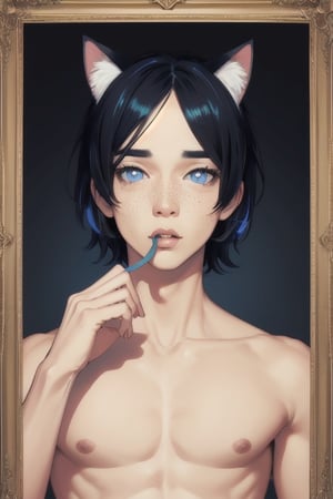 masterpiece,  solo, animal ears, blue eyes,colored sclera, black hair, cat ears, multicolored hair, freckles,2boy,  two-tone hair, blue hair, male focus, lips, short hair, black sclera, topless, gay_sex, full_body, uncensored, male_only, Oil Painting, painting in gold frame, nude,(margaret keane art), big eyes art, huge eyes,(big eyes art style)