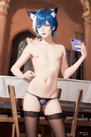 ((masterpiece)), best quality, animal ears, blue eyes,colored sclera, black hair, cat ears, multicolored hair, freckles,1boys,  two-tone hair, blue hair, male focus, lips, short hair, black sclera, topless, gay_sex, full_body, uncensored, male_only, cute twink boy standing in the church wearing pink panties and stockings, boy with small dick in the panties, small penis bulge, feminine body, feminine boy, submissive, taking selfie, body with small dick,  boy with wide hips, big ass, perfection model, perfect body, perfect cock, complex_background, detailed face, detailed hands,High detailed, realhands,