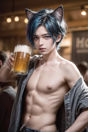 masterpiece, best quality, animal ears, blue eyes,colored sclera, black hair, cat ears, multicolored hair, freckles,1boys age 18,  two-tone hair, blue hair, male focus, lips, short hair, black sclera, gay_sex, full_body, uncensored, male_only, topless, ultra Realistic, oktoberfest ,beer tent,wearing traditional Oktoberfest dress, carrying many beer steins, armfull of large beer steins