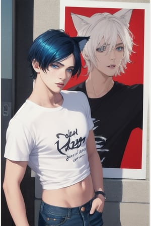 masterpiece, best quality, animal ears, blue eyes,colored sclera, black hair, cat ears, multicolored hair, freckles,1boys,  two-tone hair, blue hair, male focus, lips, short hair, black sclera, topless, gay_sex, full_body, uncensored, male_only, old style, looking at viewer, , shirt, navel, standing, white shirt, short sleeves, cowboy shot, midriff, pants, arms up, lips, denim, t-shirt, clothes writing, freckles, jeans, realistic, tied shirt, poster