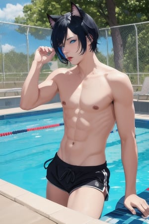 masterpiece, best quality, animal ears, blue eyes,colored sclera, black hair, cat ears, multicolored hair, freckles,1boy,  two-tone hair, blue hair, male focus, lips, short hair, black sclera, topless, gay_sex, full_body, uncensored, male_only, entrance to pool, short shorts, tank_top, public pool sign, holding towel 