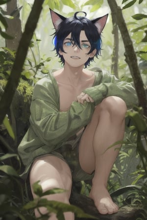 masterpiece, best quality, animal ears, blue eyes,colored sclera, black hair, cat ears, multicolored hair, freckles,1boys,  two-tone hair, blue hair, male focus, lips, short hair, black sclera, small and agile goblin, measuring 1 meter tall. Its green skin, dotted with some darker spots, camouflaged in the forests, It has pointed ears, its eyes are large and yellow, The head of the goblin with dark, greasy hair that falls in messy strands over its forehead, teeth are sharp and pointed , sinister smile. small but agile hands and feet, completely naked, hunched and shameless posture showing his green erect penis without shame.