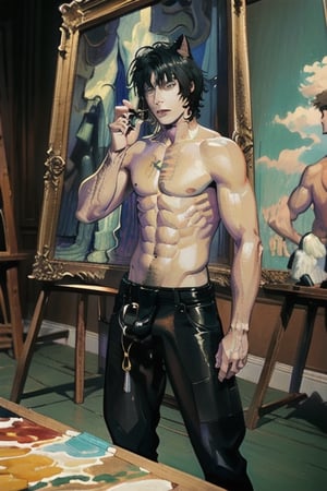 masterpiece, animal ears, blue eyes,colored sclera, black hair, cat ears, multicolored hair, freckles,2boy,  two-tone hair, blue hair, male focus, lips, short hair, black sclera, topless, gay_sex, full_body, uncensored, male_only, Oil Painting, painting in gold frame, nude,(in van gogh painting style),  Post-Impressionism, bold colors and expressive,textured brushwork,expressive lines,wavey directions, penis,classical art poses,naked, circumcised_penis