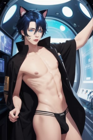 masterpiece, best quality, solo, animal ears, blue eyes,colored sclera, black hair, cat ears, multicolored hair, freckles,1boy,  two-tone hair, blue hair, male focus, lips, short hair, black sclera, topless, gay_sex, full_body, uncensored, male_only, jewelry, (1Man)､from below､ cerling､ tellaported into alien world, topless, lab coat,outerspace, in tellapport beam, in orange light, 