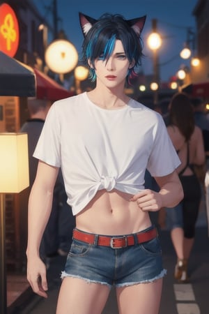 masterpiece, best quality, animal ears, blue eyes,colored sclera, black hair, cat ears, multicolored hair, freckles,1boys,  two-tone hair, blue hair, male focus, lips, short hair, black sclera, topless, gay_sex, full_body, uncensored, male_only, old style, looking at viewer, , shirt, navel, standing, white shirt, short sleeves, cowboy shot, midriff, short shorts, arms up, lips, denim, t-shirt, clothes writing, freckles,  realistic, tied shirt, street corner, leaning against lamp post,daisy duke shorts, tight shirt, midnight, male prostitute, slut written on shirt, cowboy boots, dark night, gay bar in background, crowd, nighttime