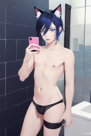 ((masterpiece)), best quality, animal ears, blue eyes,colored sclera, black hair, cat ears, multicolored hair, freckles,1boys,  two-tone hair, blue hair, male focus, lips, short hair, black sclera, topless, gay_sex, full_body, uncensored, male_only, cute twink boy standing in the gay bathhouse wearing pink panties and stockings, boy with small dick in the panties, small penis bulge, feminine body, feminine boy, submissive, taking selfie, body with small dick,  boy with wide hips, big ass, perfection model, perfect body, perfect cock, complex_background, detailed face, detailed hands,High detailed, realhands, holding_cellphone,