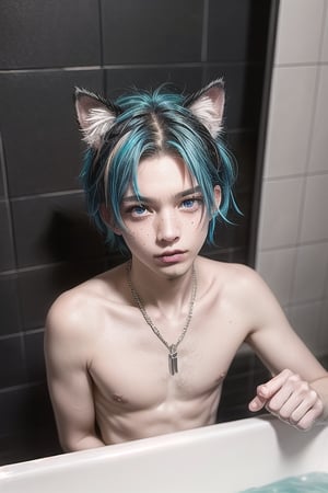 masterpiece, best quality, animal ears, blue eyes,colored sclera, black hair, cat ears, multicolored hair, freckles,1boys,  two-tone hair, blue hair, male focus, lips, short hair, black sclera, topless, gay_sex, full_body, uncensored, male_only,topless,nude, ultra Realistic, 80’s hotel room, Dirty, garbage-filled hotel room,  Dirty Rotten Imbeciles, Straight Edge, Chaos UK, (hardcore Punk fashion),  jokey And playful expression, Septum Piercing, more Coal, Ratty dreads, Crust core,anti union flag design, {chain storm}, stained clothes, spike hair, photo r3al,sitting in bath tub, bouble bath, bubble bath, dirty bath water, old manstanding by tub