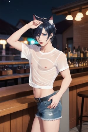 masterpiece, best quality, animal ears, blue eyes,colored sclera, black hair, cat ears, multicolored hair, freckles,1boys,  two-tone hair, blue hair, male focus, lips, short hair, black sclera, topless, gay_sex, full_body, uncensored, male_only, old style, looking at viewer, , shirt, navel, standing, white shirt, short sleeves, cowboy shot, midriff, short shorts, lips, denim, t-shirt, clothes writing, freckles,  realistic, tied shirt, street corner, daisy duke shorts, tight shirt, midnight, male prostitute, slut written on shirt, cowboy boots, dark night,  crowd, nighttime, wet_clothes, male_nipples see through shirt,in 
bar , butt_cheeks, fly down, 
