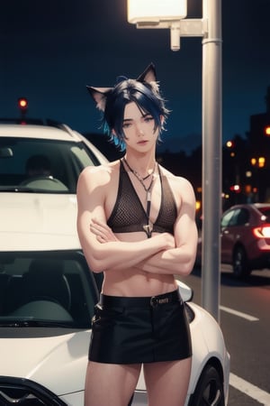 1boy and1man,masterpiece, best quality, animal ears, blue eyes,colored sclera, black hair, cat ears, multicolored hair, freckles, two-tone hair, blue hair, male focus, lips, short hair, black sclera,fishnet,thong, night_sky,  night, dark ,on street corner, street light, highheels, miniskirt, tube_top, halter_top, leaning into car window, prositute