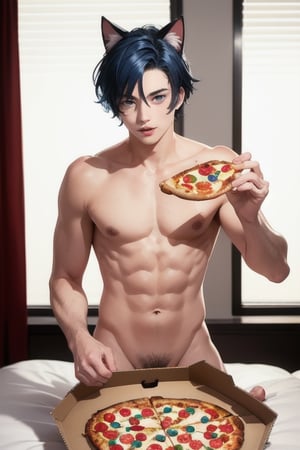 1boy and 1man,masterpiece, best quality, animal ears, blue eyes,colored sclera, black hair, cat ears, multicolored hair, freckles,1boys,  two-tone hair, blue hair, male focus, lips, short hair, black sclera, topless, gay_sex, full_body, uncensored, male_only, in hotel room,  answering door, pizza man at door,pizza box, pizzaman in background, pizzaman in dominos uniform,eating pizza in bed, man watching boy, naked , eating pizza, sex on pizza box
