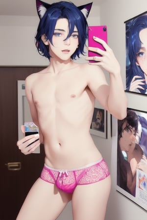 ((masterpiece)), best quality, animal ears, blue eyes,colored sclera, black hair, cat ears, multicolored hair, freckles,1boys,  two-tone hair, blue hair, male focus, lips, short hair, black sclera, topless, gay_sex, full_body, uncensored, male_only, cute twink boy standing in the frat party wearing pink panties and stockings, boy with small dick in the panties, small penis bulge, feminine body, feminine boy, submissive, taking selfie, body with small dick,  boy with wide hips, big ass, perfection model, perfect body, perfect cock, complex_background, detailed face, detailed hands,High detailed, realhands, kissing,holding_cellphone,nude,   (many onlookers looking at boy), detailed face, detailed legs, poster of rosie kawaii 