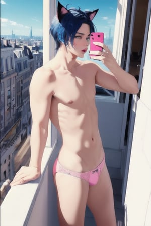 ((masterpiece)), best quality, animal ears, blue eyes,colored sclera, black hair, cat ears, multicolored hair, freckles,1boys,  two-tone hair, blue hair, male focus, lips, short hair, black sclera, topless, gay_sex, full_body, uncensored, male_only, cute twink boy standing in the balcony wearing pink panties, boy with small dick in the panties, small penis bulge, feminine body, feminine boy, submissive, taking selfie, body with small dick,  boy with wide hips, big ass, perfection model, perfect body, perfect cock, complex_background, detailed face, detailed hands,High detailed, realhands, kissing,holding_cellphone,nude,   (many onlookers looking at boy), detailed face, detailed legs, balcony overlooking paris