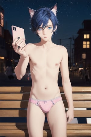 ((masterpiece)), best quality, animal ears, blue eyes,colored sclera, black hair, cat ears, multicolored hair, freckles,1boys,  two-tone hair, blue hair, male focus, lips, short hair, black sclera, topless, gay_sex, full_body, uncensored, male_only, cute twink boy standing in the playground wearing pink panties and stockings, boy with small dick in the panties, small penis bulge, feminine body, feminine boy, submissive, taking selfie, body with small dick,  boy with wide hips, big ass, perfection model, perfect body, perfect cock, complex_background, detailed face, detailed hands,High detailed, realhands, dark night, night_sky, playground, homeless man sleeping on bench