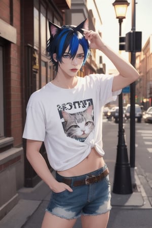 masterpiece, best quality, animal ears, blue eyes,colored sclera, black hair, cat ears, multicolored hair, freckles,1boys,  two-tone hair, blue hair, male focus, lips, short hair, black sclera, topless, gay_sex, full_body, uncensored, male_only, old style, looking at viewer, , shirt, navel, standing, white shirt, short sleeves, cowboy shot, midriff, short shorts, arms up, lips, denim, t-shirt, clothes writing, freckles,  realistic, tied shirt, street corner, leaning against lamp post,daisy duke shorts, tight shirt, midnight, male prostitute, slut written on shirt, cowboy boots, dark night, in front of gay bar