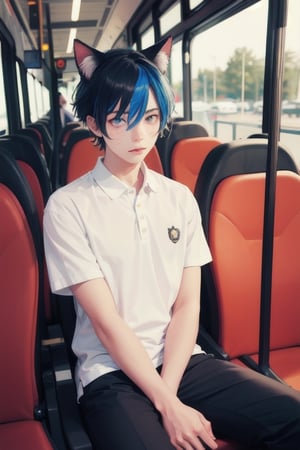1boy ,masterpiece, best quality, animal ears, blue eyes,colored sclera, black hair, cat ears, multicolored hair, freckles, two-tone hair, blue hair, male focus, lips, short hair, black sclera, sitting on bus. crowded bus. wearing polo shirt, khaki pants, suitcase on lap, school log on shirt, crowd