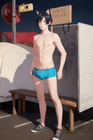 ((masterpiece)), best quality, animal ears, blue eyes,colored sclera, black hair, cat ears, multicolored hair, freckles,1boys,  two-tone hair, blue hair, male focus, lips, short hair, black sclera, topless, gay_sex, full_body, uncensored, male_only, cute twink boy standing in the homeless encampment wearing pink panties and stockings, boy with small dick in the panties, small penis bulge, feminine body, feminine boy, submissive, taking selfie, body with small dick,  boy with wide hips, big ass, perfection model, perfect body, perfect cock, complex_background, detailed face, detailed hands,High detailed, realhands, dark night, night_sky, playground, homeless man sleeping on bench