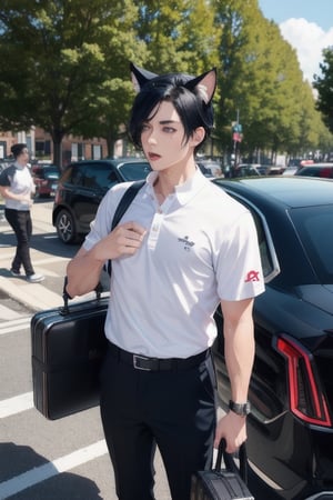 1boy and1man,masterpiece, best quality, animal ears, blue eyes,colored sclera, black hair, cat ears, multicolored hair, freckles, two-tone hair, blue hair, male focus, lips, short hair, black sclera, wearing white polo shirt, khaki pants, suitcase,school log on shirt, crowd, crowded city street, black cadillac on street,fat man, getting into strangers car
