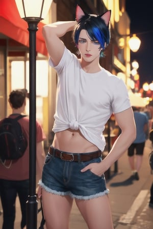 masterpiece, best quality, animal ears, blue eyes,colored sclera, black hair, cat ears, multicolored hair, freckles,1boys,  two-tone hair, blue hair, male focus, lips, short hair, black sclera, topless, gay_sex, full_body, uncensored, male_only, old style, looking at viewer, , shirt, navel, standing, white shirt, short sleeves, cowboy shot, midriff, short shorts, arms up, lips, denim, t-shirt, clothes writing, freckles,  realistic, tied shirt, street corner, leaning against lamp post,daisy duke shorts, tight shirt, midnight, male prostitute, slut written on shirt, cowboy boots, dark night, gay bar in background, crowd, nighttime