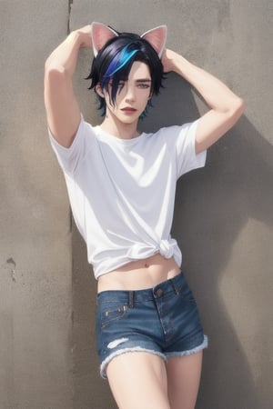 masterpiece, best quality, animal ears, blue eyes,colored sclera, black hair, cat ears, multicolored hair, freckles,1boys,  two-tone hair, blue hair, male focus, lips, short hair, black sclera, topless, gay_sex, full_body, uncensored, male_only, old style, looking at viewer, , shirt, navel, standing, white shirt, short sleeves, cowboy shot, midriff, short shorts, arms up, lips, denim, t-shirt, clothes writing, freckles, jeans, realistic, tied shirt, street corner, leaning against wall