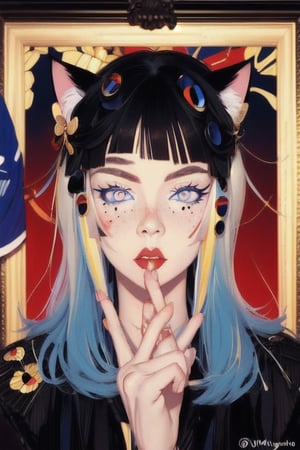 masterpiece,  solo, animal ears, blue eyes,colored sclera, black hair, cat ears, multicolored hair, freckles,2boy,  two-tone hair, blue hair, male focus, lips, short hair, black sclera, topless, gay_sex, full_body, uncensored, male_only, Oil Painting, painting in gold frame, nude,(margaret keane style painting), big eyes art, huge eyes,(big eyes art style), gigantic eyes, oversized eyes,