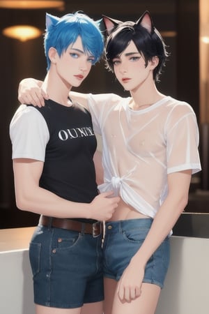 masterpiece, best quality, animal ears, blue eyes,colored sclera, black hair, cat ears, multicolored hair, freckles,1boys,  two-tone hair, blue hair, male focus, lips, short hair, black sclera, topless, gay_sex, full_body, uncensored, male_only, old style, looking at viewer, , shirt, navel, standing, white shirt, short sleeves, cowboy shot, midriff, short shorts, lips, denim, t-shirt, clothes writing, freckles,  realistic, tied shirt, daisy duke shorts, tight shirt, midnight, male prostitute, "slut" written on shirt, cowboy boots, dark night,  crowd, nighttime, wet_clothes, male_nipples see through shirt,in strip club, butt_cheeks, fly down, 
