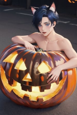 (halloween:1.3)masterpiece, best quality,3boys, animal ears, blue eyes,colored sclera, black hair, cat ears, multicolored hair, freckles, two-tone hair, blue hair, male focus, lips, short hair, black sclera, gay_sex, full_body, uncensored, male_only, jack-o-lantern, pumkin,nude,sexy, bucket of water with floating apples, costume, bobbing for apples game, sexy costume, lewd,topless, crowd