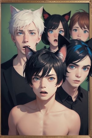 masterpiece, animal ears, blue eyes,colored sclera, black hair, cat ears, multicolored hair, freckles,2boy,  two-tone hair, blue hair, male focus, lips, short hair, black sclera, topless, gay_sex, full_body, uncensored, male_only, Oil Painting, painting in gold frame, nude,'Impasto Painting', painting of male, circumcised_penis,in bouguereau style, (looking to the camera with surprised face expression:2) 2 boys holing each ohter