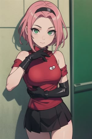 masterpiece, best-quality, photorealistic, 1girl, sakura haruno, hairband, short hair, (pink hair:1.2), (small breast:1.2), bare shoulders, (gloves:1.2), forehead protector,  konohagakure symbol, ninja, (red shirt:2), shirt, (black short skirt:1.5), (jade green eyes:1.2), (tight shorts:1.2), sleeveless shirt, from above, detailed face, detailed eyes, fine detailed, dslr