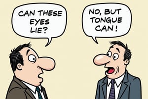 A man says in a speech bubble "Can these eyes lie?" The other man on the right says "No, but your tongue can!"