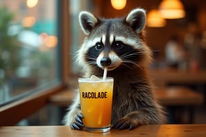 A raccoon in a café sips on drinking straw a drink called "RACOLADE" thats written on the glas, 35mm photograph, film, professional, 4k, highly detailed,
