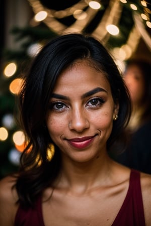 Cinematic still, portrait of a woman, dark skin, colored hair, Christmas lights, smirk, medium shot, motion blur, slow shutter speed, bokeh, sharp focus, shot on Fujifilm XT3, vibrant tones, colorful, low key, (detailed skin texture, perfect eyes)