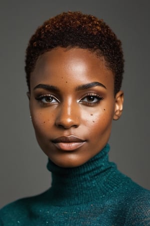 Fashion photograph of striking facial features, african woman, short hair, top fade, ((freckles)), blemishes, crystal clear, natural makeup, seductive smile BREAK
(((wearing colored turtleneck))), low key light, cinematic lighting, volumetric lighting, ((two tone light)), (teal and orange), shot on Fujifilm XT4, 80mm lens, Fuji color, (((expressive female portrait))), ((portraiture photography)),((upper body shot)),dark skin,ebony,Movie Still