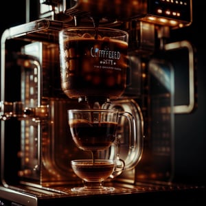 ,glasstech,scifi,  transparent  ,coffee machine , detailed background,glasstech