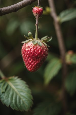close-up photograph of a strawberry hanging from a branch, soft lighting, editorial photography, shot on Fujifilm X3-T