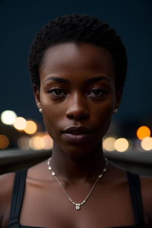 Raw photo, portrait of dark skinned extremely beautiful african woman, extremely perfect face features, perfect eyes, blue eyes, (freckles0.4), very short haircut style, wearing wax dress, beautiful african modern attire dress , cinematic lighting, volumetric lighting, dark studio, on top of roof, at night, outdoor, hasselblad X2D 100C, hasselblad XCD 80mm f/1.9, depth_of_field, bokeh, film grain, photorealistic, masterpiece, absurdres, high_res, high contrast, sharp focus, intricate details, best compostion, rule of third, award winning photography,dark studio