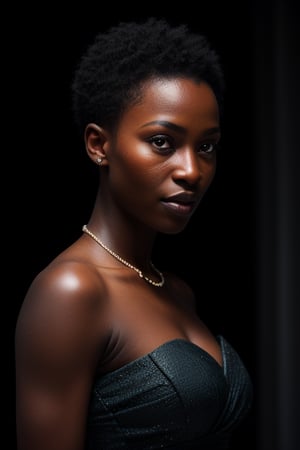 Raw photo, portrait of dark skinned extremely beautiful african woman, extremely perfect face features, perfect eyes, blue eyes, (very detailed skin:1.2), very short haircut style, wearing wax dress, beautiful african modern attire dress , cinematic lighting, volumetric lighting, dark studio, on top of roof, at night, outdoor, hasselblad X2D 100C, hasselblad XCD 80mm f/1.9, depth_of_field, bokeh, film grain, photorealistic, masterpiece, absurdres, high_res, high contrast, sharp focus, intricate details, best compostion, rule of third, award winning photography,dark studio