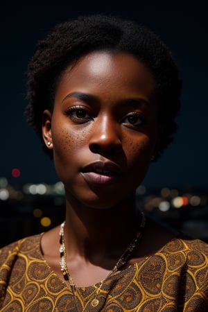 Raw photo, portrait of dark skinned extremely beautiful african woman, extremely perfect face features, perfect eyes, blue eyes, freckles, very short haircut style, wearing african florals pattern shirt, wax, beautiful attire, cinematic lighting, volumetric lighting, dark studio, on top of roof, at night, outdoor, hasselblad X2D 100C, hasselblad XCD 90mm f/1.9, depth_of_field, bokeh, film grain, photorealistic, masterpiece, absurdres, high_res, high contrast, sharp focus, intricate details, best compostion, rule of third, award winning photography,