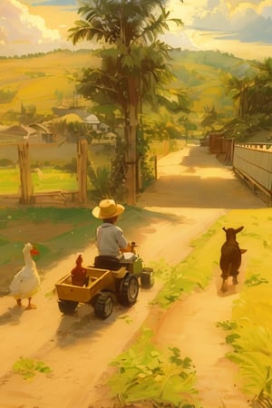 The Image of a Farm Boy, Driving a Small Tractor with a Chicken, Accompanied by a Duck and a Baby Goat, with a Bridge in the Background.

Photography: Captured with a 50mm lens, the scene depicts the farm boy's joyous journey. The warm color temperature enhances the idyllic setting, and the boy's face reflects pure happiness. Soft lighting embraces the trio of animals, while the bridge in the distance adds depth and charm to the composition. --v 5 --stylize 1000
