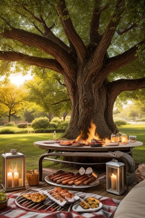 presenting a delightful scene of an outdoor rib barbecue beneath a grand oak tree.  infusing charm and personality into every detail. The ribs on the grill look mouthwatering, the color temperature leans slightly warm, adding a cozy feel to the setting, making the scene come alive. The lighting is bright and sunny, enhancing the cheerful ambiance. The atmosphere is inviting and heartwarming. 
Let this moment come to life through a touching Photography piece, inspired by the works of Steve McCurry. The lens size is 50mm, capturing the essence of the serene park.
