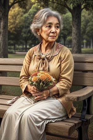 A heartwarming scene of an elderly woman holding a bouquet of flowers, seated on a park bench outdoors, accompanied by a dog at her side, with beautiful surroundings and leaves gently floating in the wind. Let this moment come to life through a touching Photography piece, inspired by the works of Steve McCurry. The lens size is 50mm, capturing the essence of the serene park.

Color Temperature: Warm with soft sunlight.
Facial Expression: A gentle smile on the grandma's face, radiating warmth and contentment.
Lighting and Atmosphere: Soft, golden-hour lighting casting a warm glow over the scene, creating a tranquil and nostalgic atmosphere. --v 5 --stylize 1000º