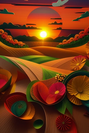 3D sunset with sun in the background, flowers in the grass and a hummingbird in the flowers, various colors the flowers, paper quilling, paper cut art, paper illustration