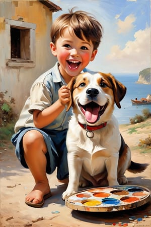 a boy laughing out loud, with a dog accompanying him, the boy holds a palette in his hand and shows a trait of being dirty, the dog looks at him in amazement, the style is fine oil paintings
